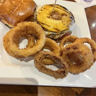 HAWAIIAN TURKEY BURGER with an upgrade of Onion Rings (totally worth it!)