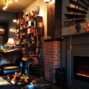 a living room with a fireplace