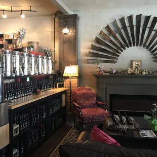 a coffee machine and a fireplace