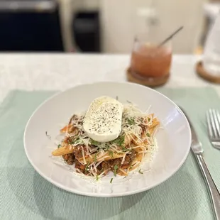 Small App portion of Bolognese. With a Elder Fashion (spin on Old Fashion with a refreshing twist)