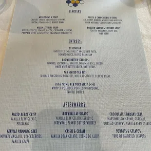 The menu the night we went. Loved the affogato dessert
