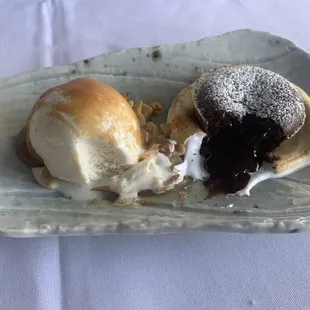 Chocolate Fondant Cake, Caramel, Candied Peanuts, Marshmallow Fluff, Vanilla Bean Gelato - With a scoop out