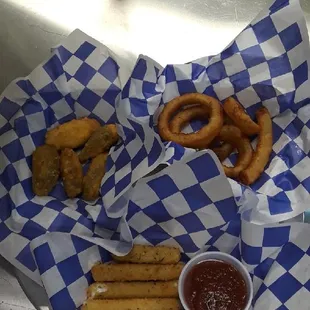 Mozzarella sticks, jalapeno peppers and onion rings