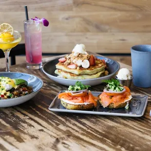 Southwest Sausage Hash, Buttermilk Pancakes and Smoked Salmon Bagel