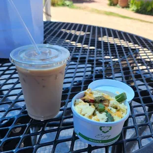"To go" Iced coffee with 1/2+1/2. Egg bowl with standard toppings + asparagus.