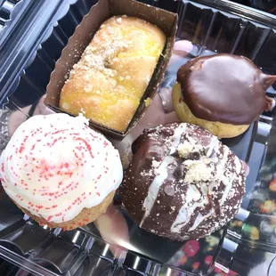 Lemon Muffin, Raspberry Cupcake, Chocolate Cream Puff, S&apos;mores Donut (top to bottom, left to right)