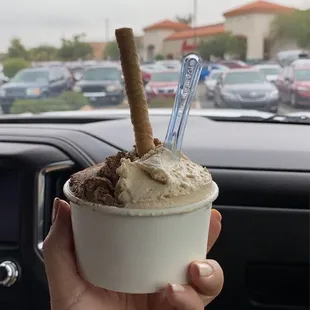 a hand holding a cup of ice cream