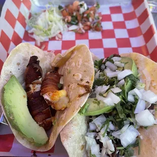 Fresh, nicely sized flour tortillas plus the tacos come with shredded cabbage and pico