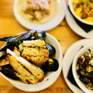 Steamed Mussels, Fish Taco, Crispy Brussels Sprouts, Curried Cauliflower