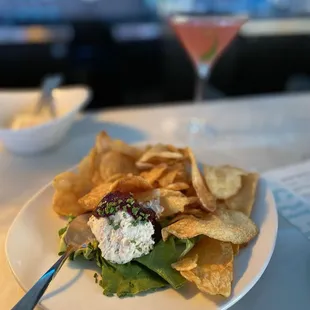 $12 HH Smoked Trout Dip Chips, Onion Jam
