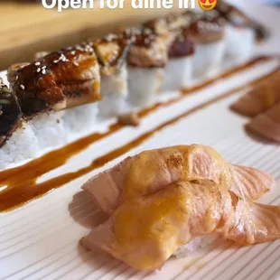 Aesthetic feels of the unagi roll and seared salmon nigiri