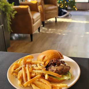 a plate of fries and a burger
