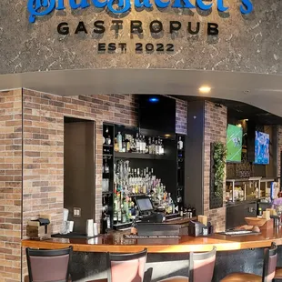 a bar with stools