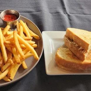 Lamb Burger with fries  and grilled cheese and tomato soup