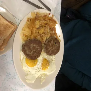 Sunny side up eggs and patties