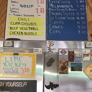 a variety of menus on a refrigerator