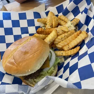 a hamburger and french fries