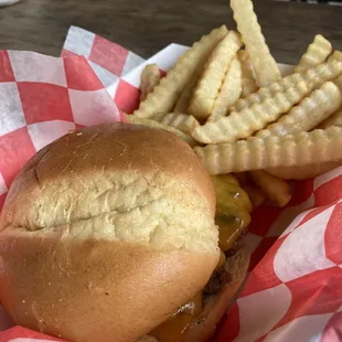 a hamburger and french fries