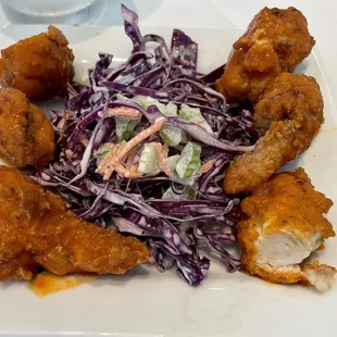 Buffalo bites with celery and carrot slaw -- so yummy!