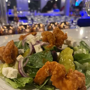 Greek Salad with Buffalo Shrimp  (No tomatoes for me)