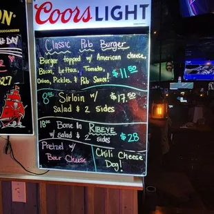 a menu on a chalkboard