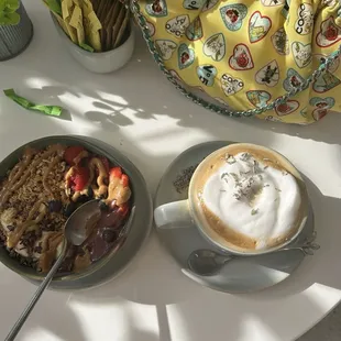 Lavender Latte and açaí fruit bowl vegan.