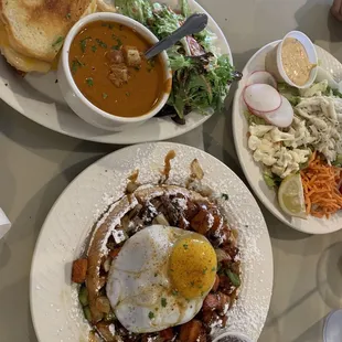 Crab salad, Duck-Duck-Goose Waffle, Quart Tomato Soup