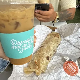 Vanilla iced latte with oat  Carne asada burrito