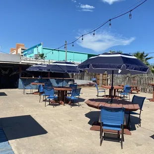 tables and chairs with umbrellas