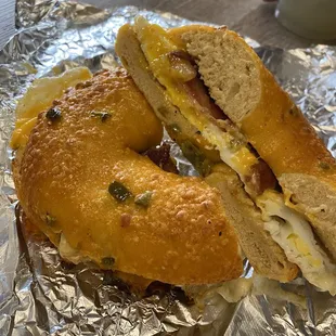 Two egg bagel with bacon on jalapeño cheddar bagel! AMAZING