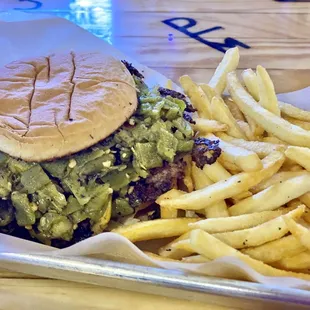 Green Chile Cheese smash burger. Spicy, but good! ($10.49, including lukewarm fries)