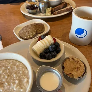 Oatmeal with toast and sausage patties