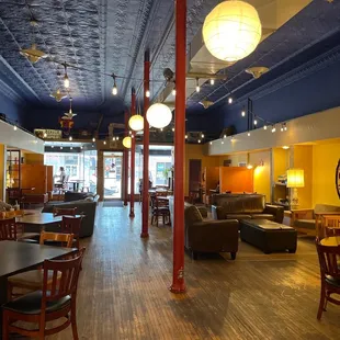 interior of restaurant with tables and chairs