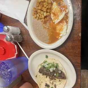 Barbacoa taco and huevos rancheros