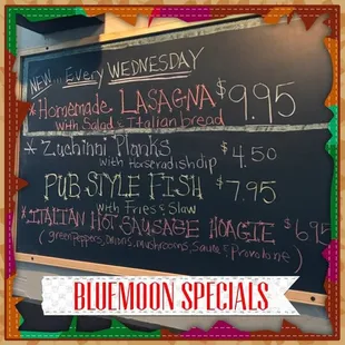 the menu for the blue moon specials