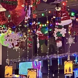 Notice the rustic blue-moose-in-the-wild light fixtures