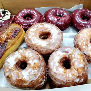 Top Row: Red Velvet Donuts Bottom Row: Maple Bacon Bar and Cronuts