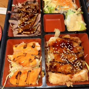 3 item binto: BBQ albacore, teriyaki chicken, teriyaki beef