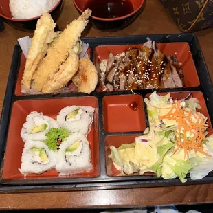 3 item bento: Cali roll, shrimp and veggie tempura, beef teriyaki.