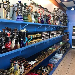 shelves of hookah items