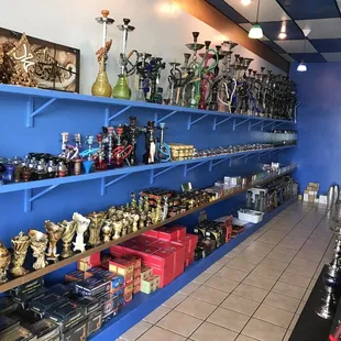 shelves of various types of hookah items