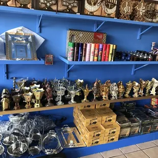 a shelf full of items