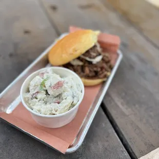 Chopped Brisket Sandwich with potato salad