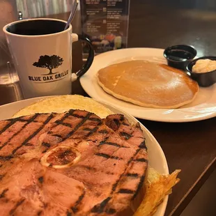 Bone-In Ham Steak &amp; Eggs with (over medium) Eggs, Hash Browns, and side-choice Pancake 1/19/2024