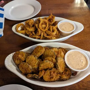 Fried pepperocini (top), Cajun fried pickles (bottom)