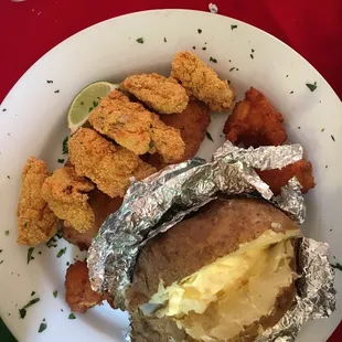 Fried snapper and fried oysters with baked potato.  The baked potato was better than most. I might come back just for one of those!