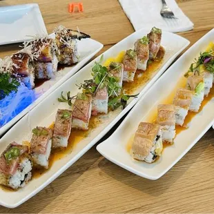 L to R: Dragon roll, Madison roll, Albacore Delight, and Playboy roll (spicy mayo on the side).