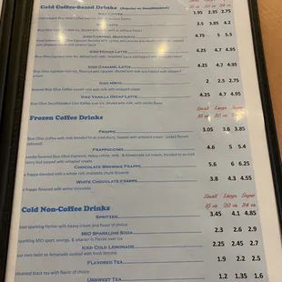 prices of coffee and drinks