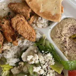 chicken, rice, salad and pita