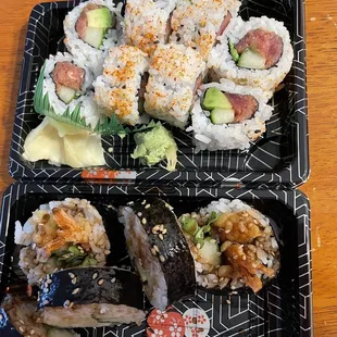 Spicy tuna roll (top) and shrimp tempura roll (bottom)